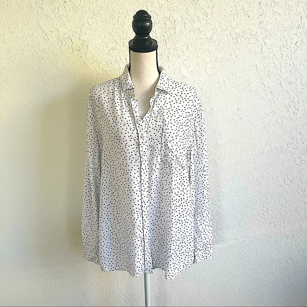 BEACHLUNCHLOUNGE Black White Polkadot Long Sleeve Button Up Blouse Size Large